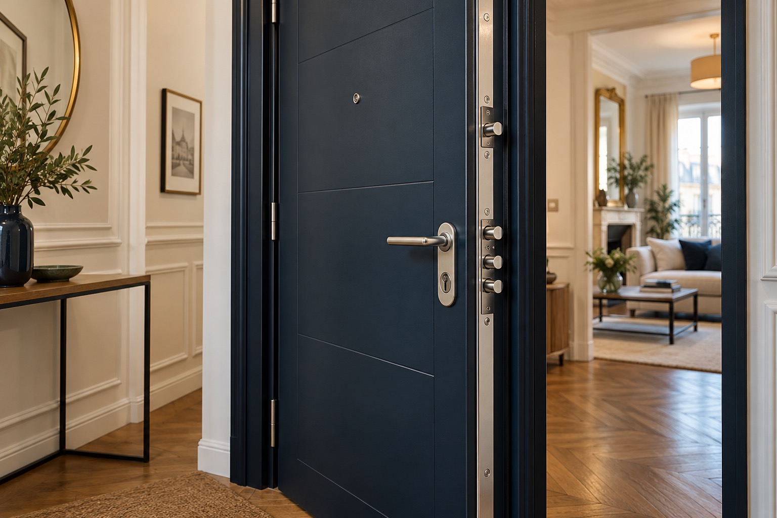 Illustration : Porte renforcée entrouverte et son bâti