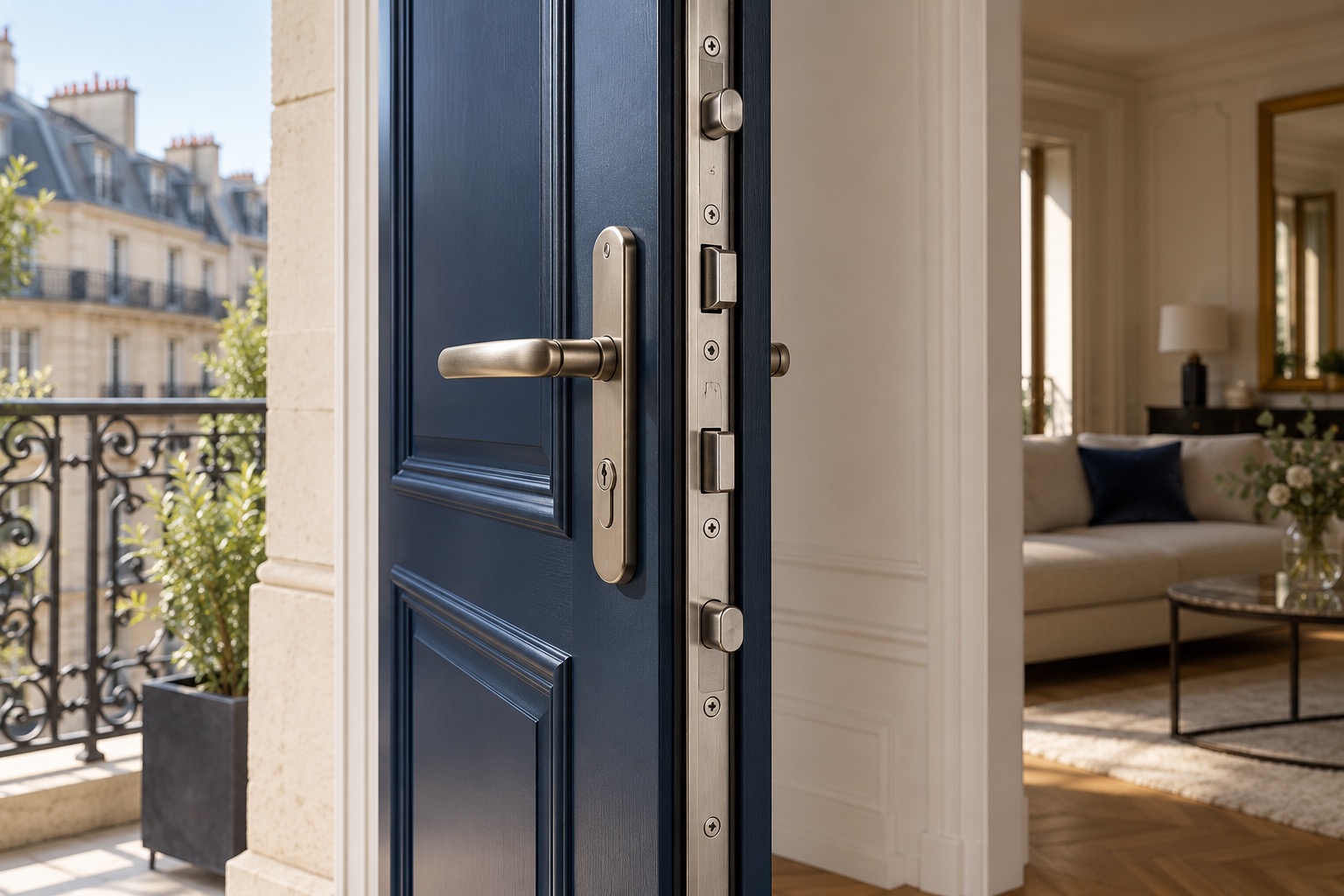 Illustration : Tranche de porte équipée d’une serrure multipoints
